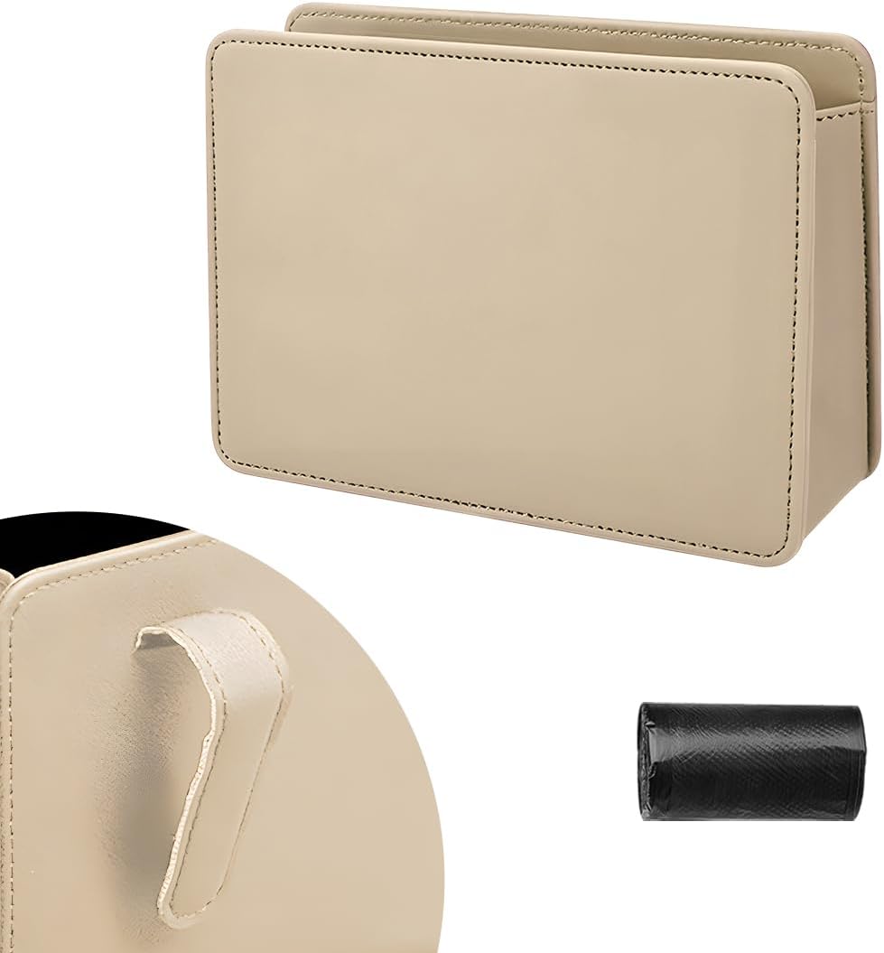 Beige Faux-Leather Multi-Pocket Car Trash Bin Organizer product photo
