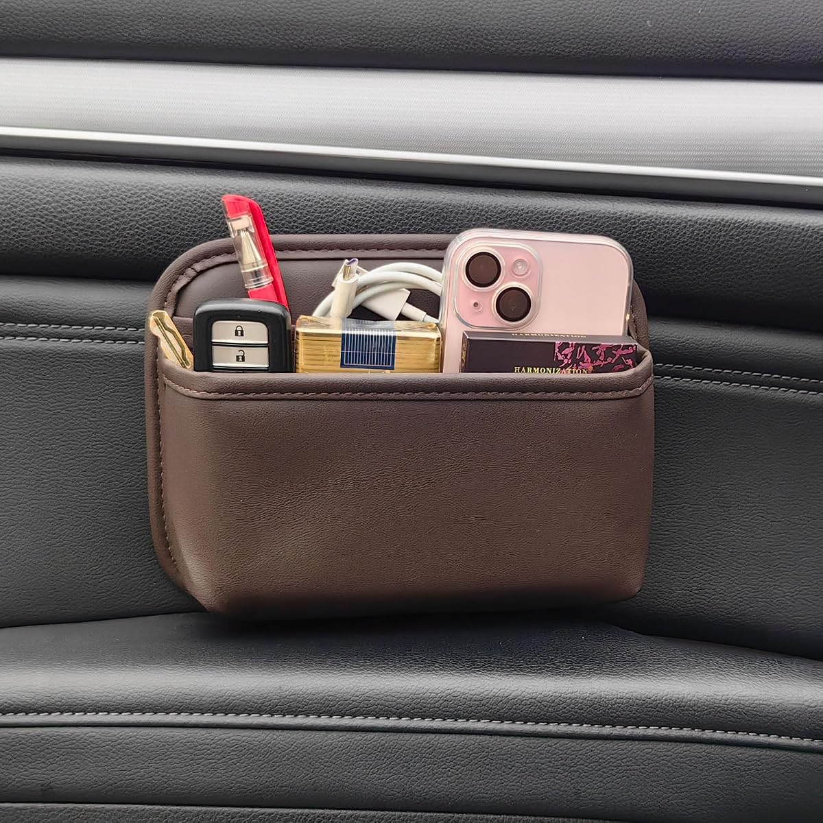 Brown Faux-Leather Door Side Mesh Pocket Organizer product photo
